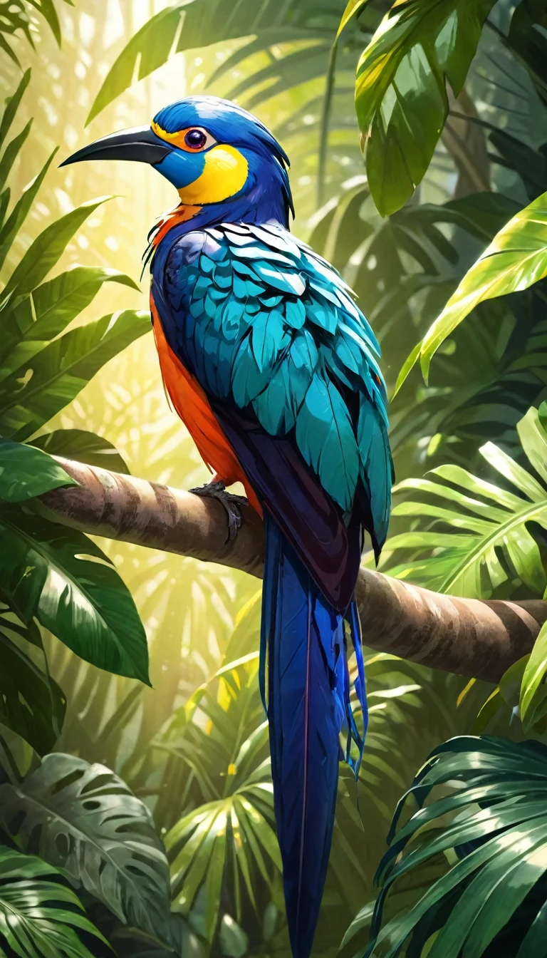 1 exotischer Vogel, detaillierte bunte Federn, tropischer Dschungel, Dichtes Laub, unscharfer Hintergrund, Sonnenstrahlen, (beste Qualität,4k,8k,highres,Meisterwerk:1.2),ultra-detailliert,(realistisch,photorealistisch,photo-realistisch:1.37),leuchtende Farben,dramatische Beleuchtung,Filmkomposition