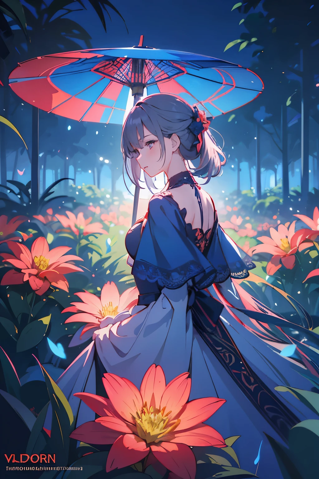 a beautiful girl in a lush garden, vibrant blue sky, red and orange flowers, detailed face and eyes, volumetric lighting, intricate details, photorealistic, high definition, masterpiece, professional digital art, cinematic color palette, using a palette of light pink, muted blue, dark grayish blue, bright blue, very dark gray, and light grayish blue