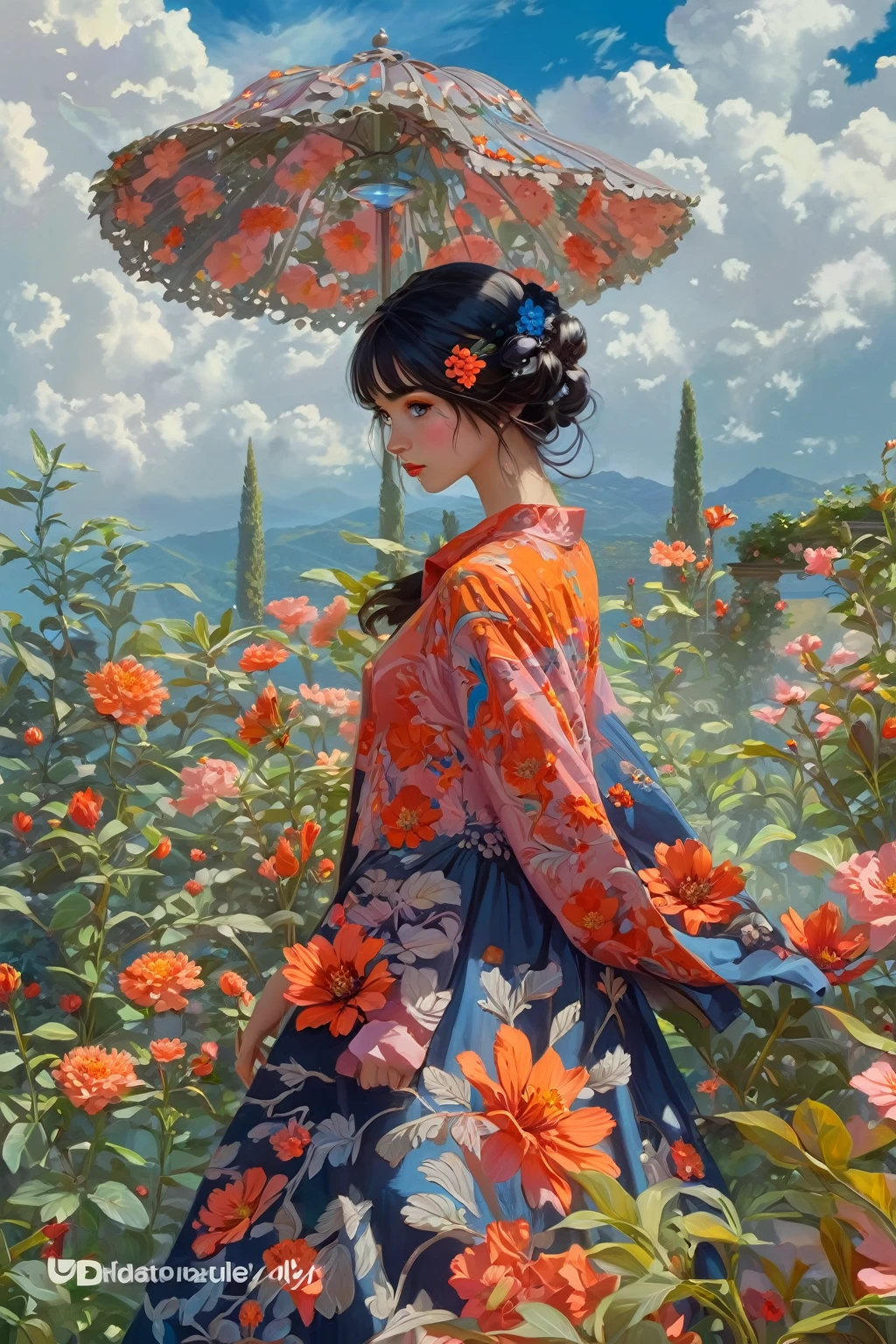 une belle fille dans un jardin luxuriant, ciel bleu vif, fleurs rouges et oranges, Visage et yeux détaillés, éclairage volumétrique, détails complexes, Photoréaliste, Haute définition, chef-d&#39;œuvre, art numérique professionnel, palette de couleurs cinématographique, en utilisant une palette de rose clair, bleu sourd, bleu grisâtre foncé, bleu brillant, gris très foncé, et bleu grisâtre clair