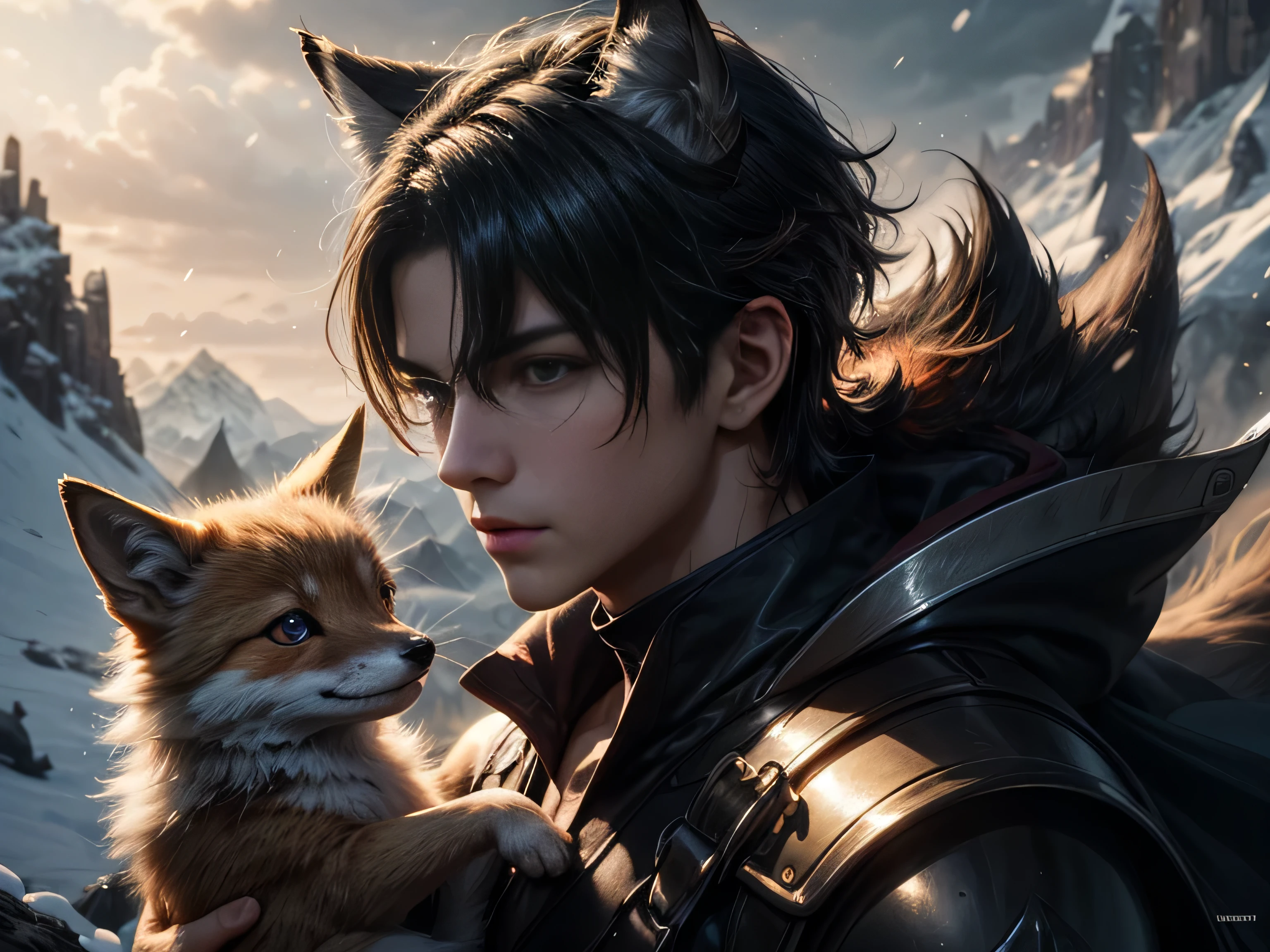 (Best Quality, 8K, Masterpiece, HDR, Soft Lighting, Picture Perfect, Realistic, Vivid), Black-haired guy with fox ears and baby fox animal lie on the snow, on the mountainside, Anime Illustrations, Beautiful Illustrations, Exquisite Digital Illustrations, Realistic digital anime, realistic digital anime art, (ultra high quality fantasy art), masterpiece, male model, ultra high quality male character designs, anime art with 8k development, realistic anime art, highest quality wallpaper illustrations, complex ultra high quality accurate male characters faces, high quality design and accurate physics (super-quality fantasy style)), art, dark fantasy)) Style), masterpieces, super-quality characters, anime resolution - 8K, realistic anime art, wallpapers with the highest quality illustrations, ultra-high detail of faces, high-quality design and physics accuracy), color, depth of field, shadows, ray tracing, production of high-quality computer wallpapers and 8K resolution, (Accurate simulation of the interaction of light and materials)], [High-quality detailed hair [More about beautiful and shiny red hair]], (Beautifully detailed hands [perfect fingers [Perfect nails]], (perfect anatomy (perfect proportions)))) [[Full length]], [Perfect color combination (Accurate imitation of the interaction of light and material)], [art that conveys the meaning of the story ]