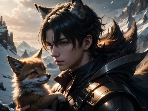 (Best Quality, 8K, Masterpiece, HDR, Soft Lighting, Picture Perfect, Realistic, Vivid), Black-haired guy with fox ears and baby ...