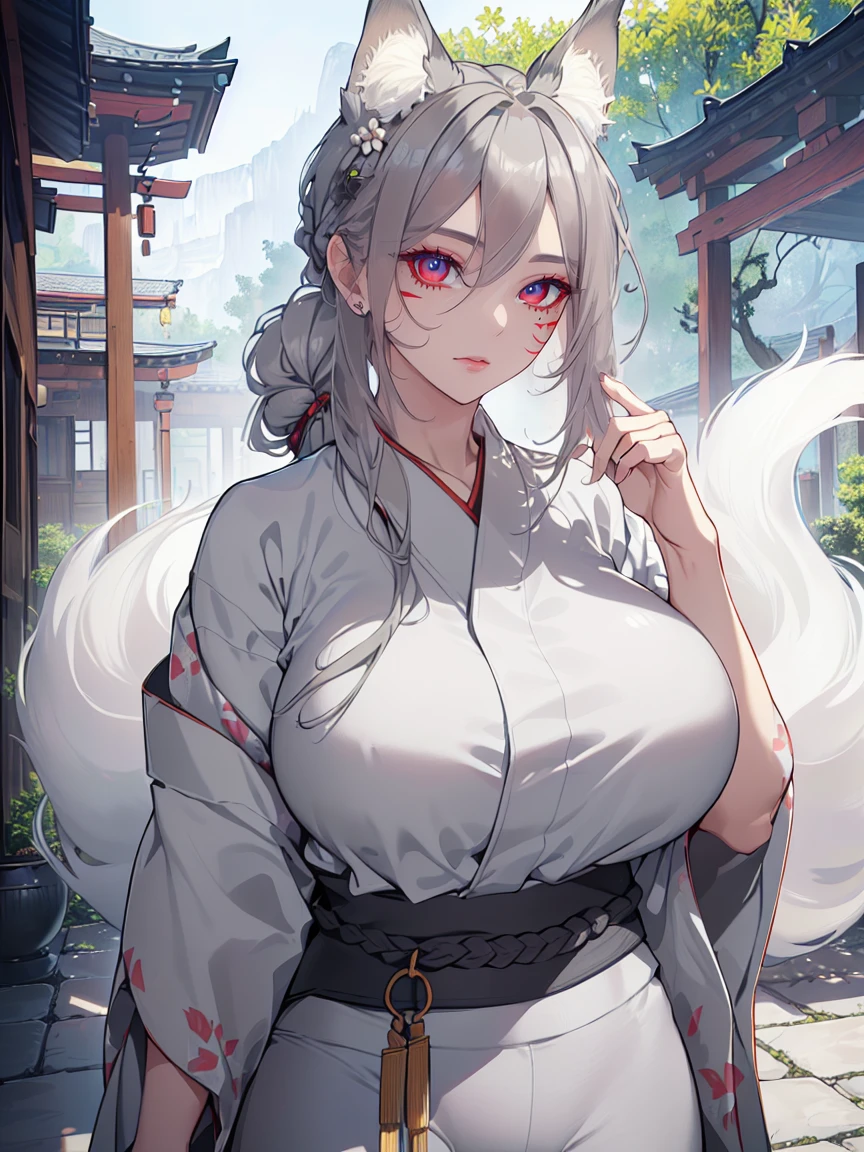 (Uhd, Masterpiece, Textured Skin, Super Detail, High Details, High Quality, Best Quality), Detailed Face, 1woman, mature pretty woman, ((wide hips, thick thighs, huge breasts)), ((Long gray hair tied:1.5)), ((White kimono), (Pants), (Huge body), (Cultivator), Courtyard with a stone floor, (Kitsune:1.3, Kitsune Ears, face marks)