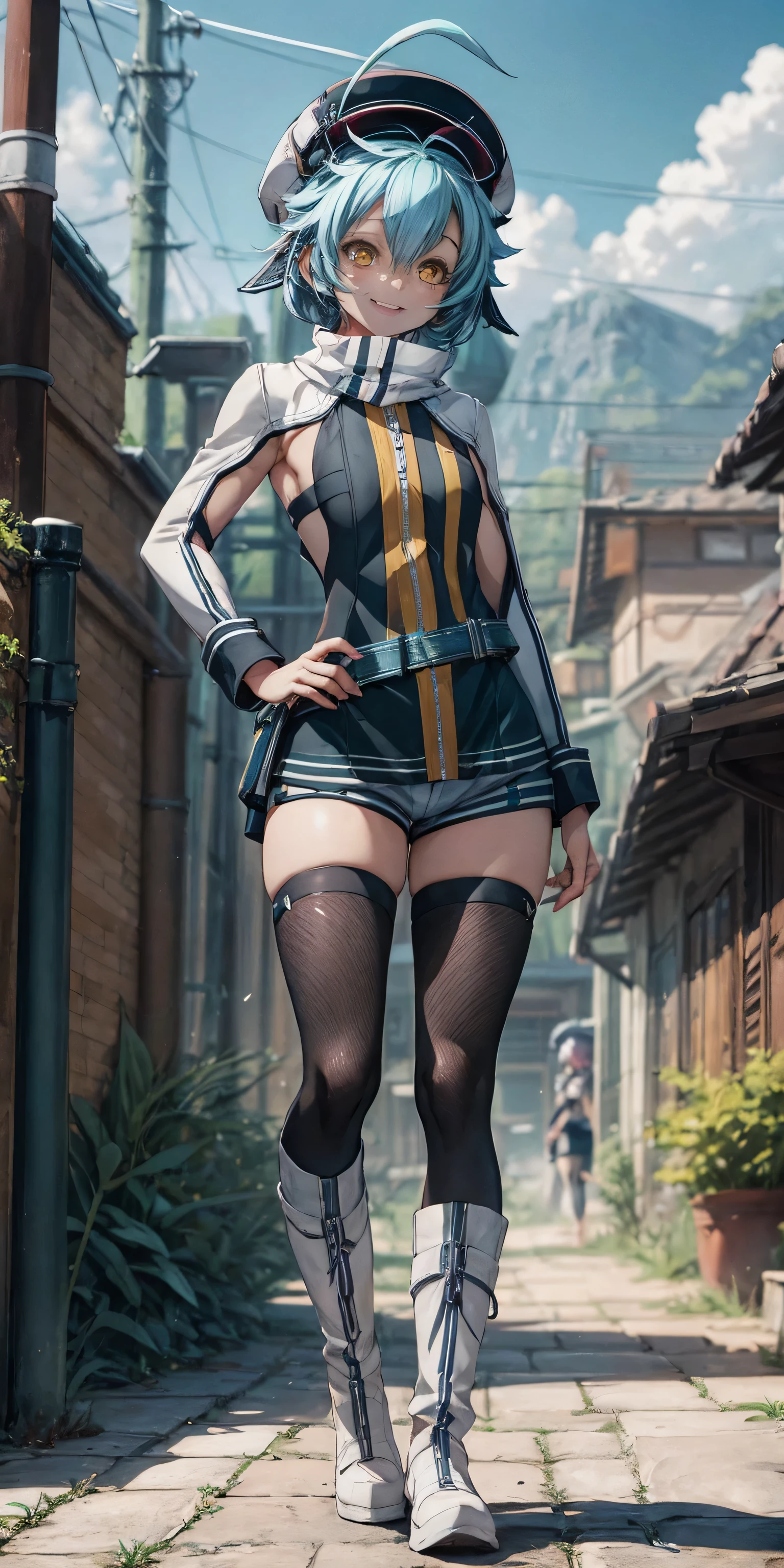 a woman standing at a symmetrical low angle, from below, barefoot, smiling lustfully with red blush, hands on hips, big knockers (high quality, best render), (beautiful girl, cammy)
score_9, score_8_up, score_7_up, source_anime, 
BREAK,
Millium Orion, blue hair, short hair, antenna hair, ahoge, yellow eyes,  flat chest, black hat, headwear, black and yellow vest, white shoulder armor, zipper,  white shorts, black thighhighs, green belt, white boots,
BREAK,
1girl, solo, happy, looking at viewer, full body,
BREAK,
asamura hiori
BREAK,
1girl, outdoors, sky, clouds, distant mountains, full body , shoes, 8K,  1girl, adult,  smile, (blush), (shy), looking at viewer,  dynamic angle, wind, game cg, fantastic scenery, bulge, bulge in shorts, femboy