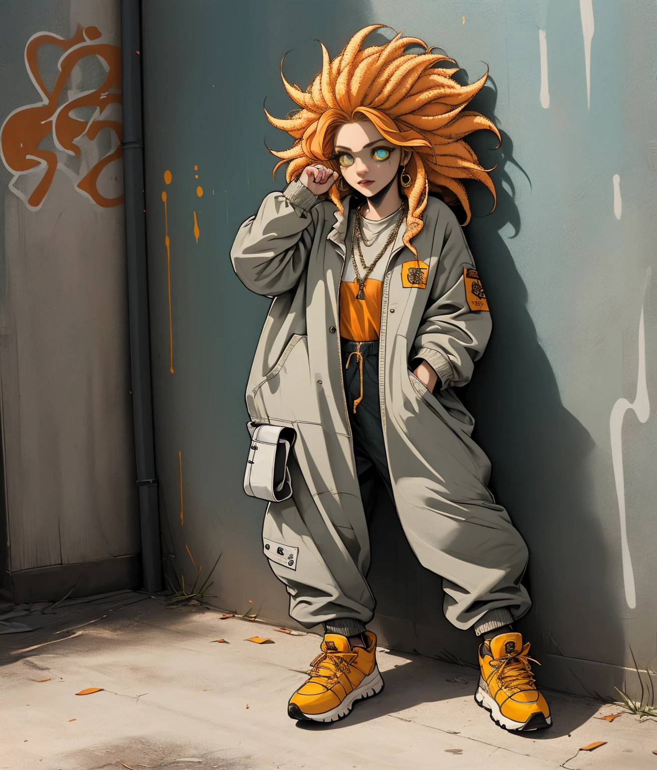 ((long shot, full body: 1.6)), purple: 1.5, orange: 1.1, green: 1.3, White: 1.3, yellow: 1.3, (rapper girl with scary hair, highly detailed eyes and body and beautiful baggy and baggy clothes :1.6), tattoos, (walls with Graffiti: 1.2), flower, Leaves, born in the mist, lines, leaning on the wall with a spray paint in her hand, action pose, 32K.