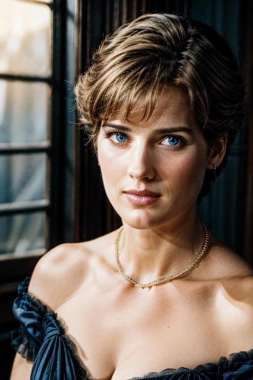 close-up professional photo of an attractive woman, looking upward at viewer, circa 1880s, industrial revolution era, cobie smulders, princess diana, blue eyes, short hair, f/1.4 aperture, gaussian blur, 4k ultra-hd, cinematic, jewelry, necklace, off-shoulder black dress, cleavage, dim lighting, film grain, movie still, movie screenshot