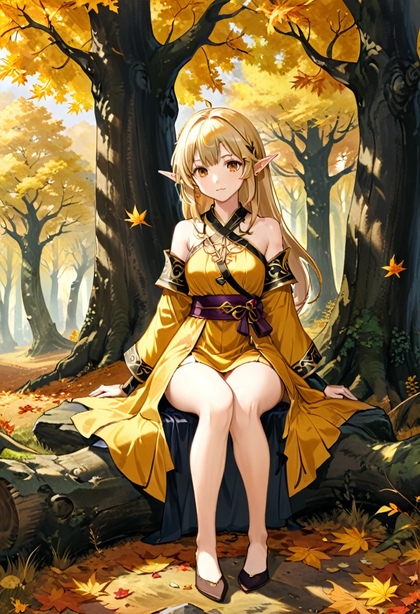 The style is naturalism, with a pointed eared elf sitting under an ancient oak tree, dressed in a robe. Golden autumn leaves slowly fall to the rhythm of the music, with a golden autumn forest in the background and a mid shot