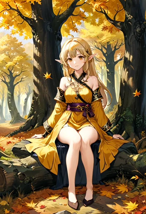 The style is naturalism, with a pointed eared elf sitting under an ancient oak tree, dressed in a robe. Golden autumn leaves slo...