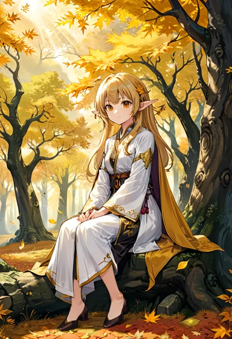 The style is naturalism, with a pointed eared elf sitting under an ancient oak tree, dressed in a robe. Golden autumn leaves slo...