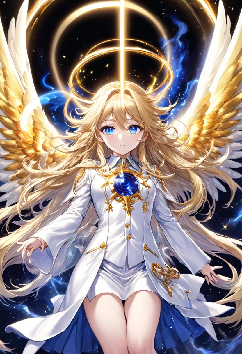 Gabriel White Tenma is an archangel figured in a  with double halo of light, long golden hair, flaming angelic wings, sapphire blue eyes, angelic face, flat breasts, playing a celestial trumpet, white and gold suit, body full, dynamic view, horror ecchi anime, HD12K quality,