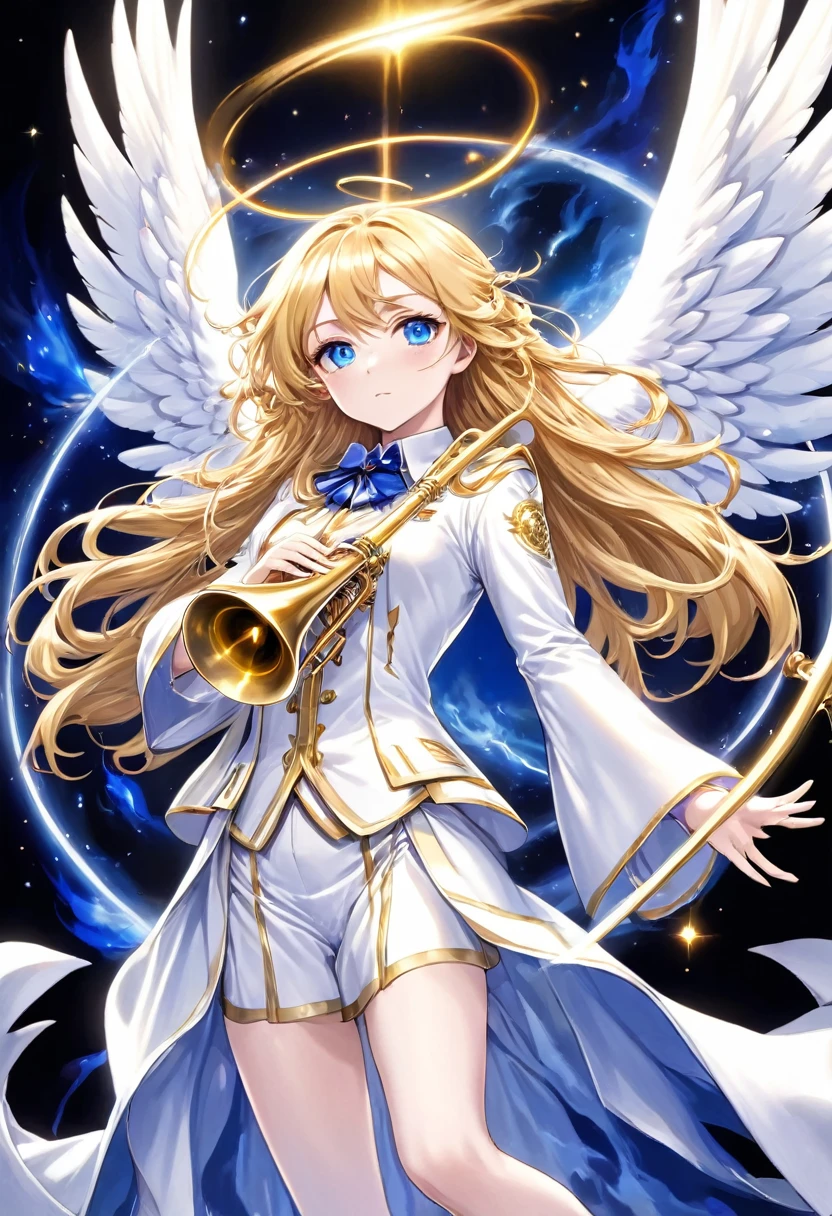 Gabriel White Tenma is an archangel figured in a  with double halo of light, long golden hair, flaming angelic wings, sapphire blue eyes, angelic face, flat breasts, playing a celestial trumpet, white and gold suit, body full, dynamic view, horror ecchi anime, HD12K quality,