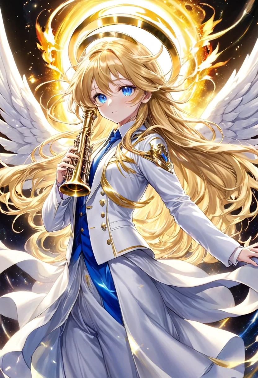 Габриэль Уайт Тенма — архангел в образе 13-летней девочки с двойным ореолом света., длинные золотые волосы, пылающие ангельские крылья, сапфирово-голубые глаза, Ангельское лицо, плоская грудь, игра на небесной трубе, бело-золотой костюм, тело полное, динамический вид сзади, аниме ужасы этти, Качество HD12K,