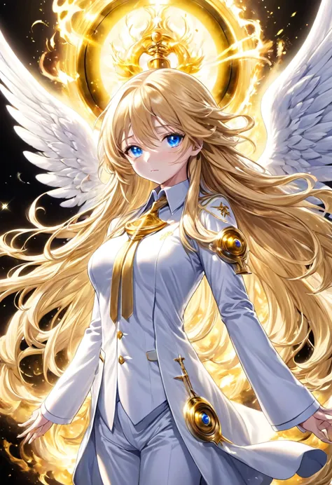 Gabriel White Tenma is an archangel figured in a 13-year-old girl with double halo of light, long golden hair, flaming angelic w...
