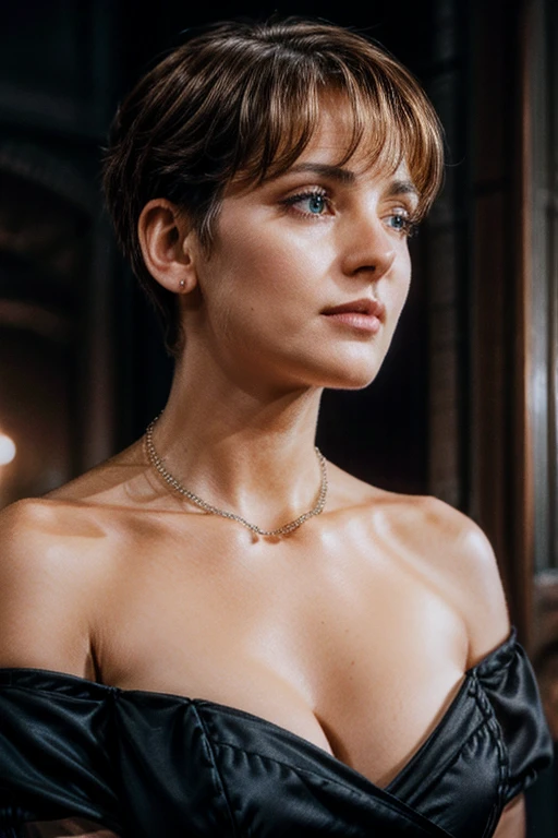 close-up professional photo of an attractive woman, looking upward at viewer, circa 1880s, industrial revolution era, short hair, f/1.4 aperture, gaussian blur, 4k ultra-hd, cinematic, jewelry, necklace, off-shoulder black dress, cleavage, dim lighting, film grain, movie still, movie screenshot