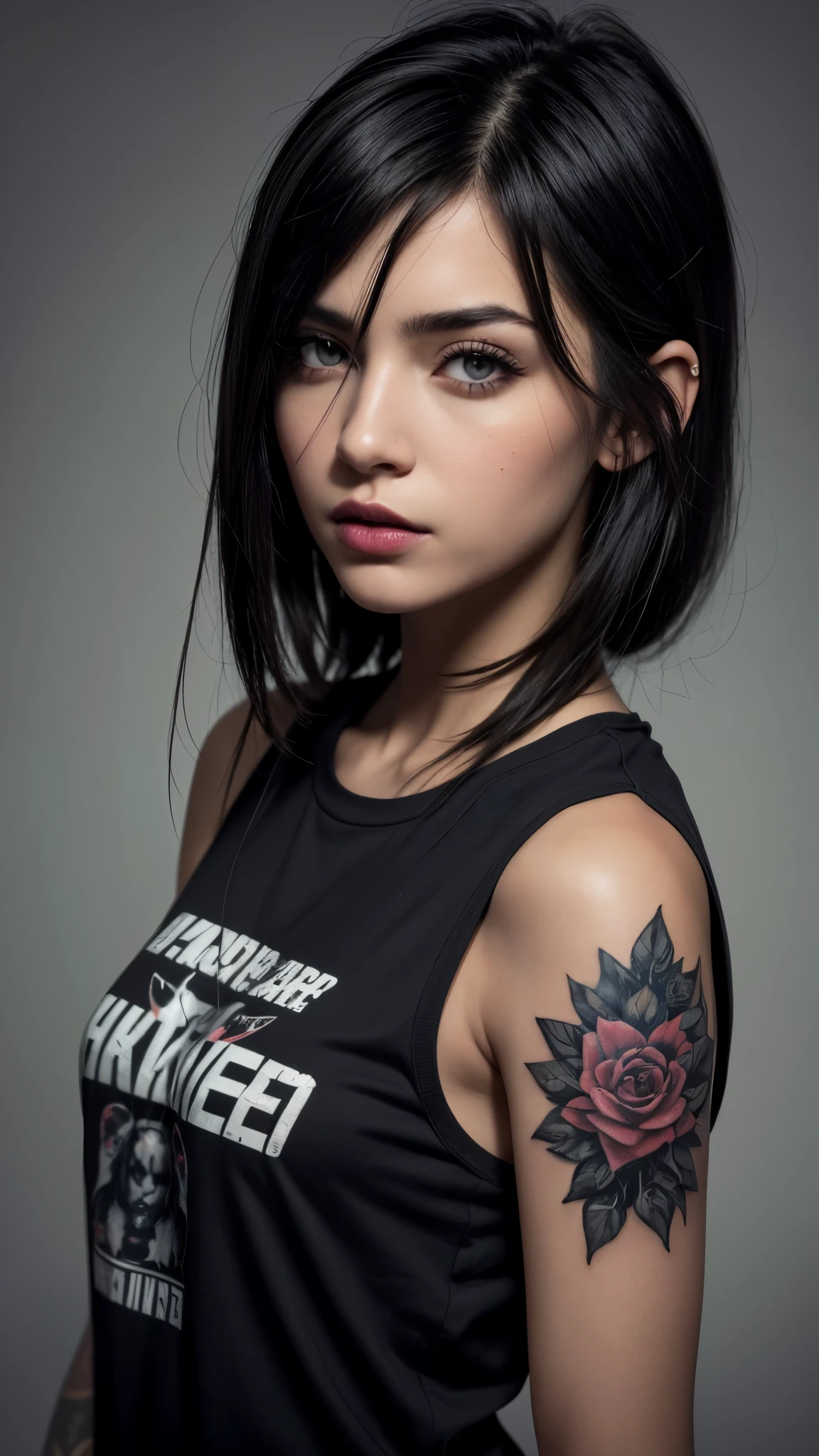 The image shows a woman with long hair in a black and purple color, red lips and blue eyes.. He has tattoos on his arms and is wearing a black and white tank top. The background is a gradient from purple to black. 8k