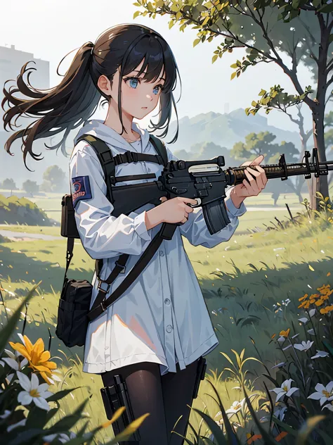 masterpiece, best quality, solo focus, 1girl, (holding an ar-15)