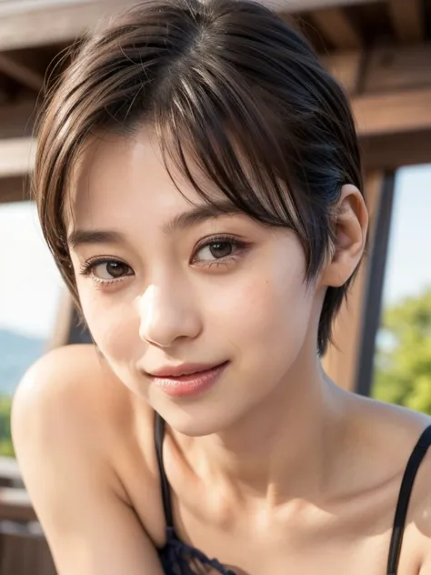 1 girl、japan 10-year-old、(close-up photo of face from bottom front、small breasts、:1.4) 、(forward leaning posture:1.2)、(pixie cut...