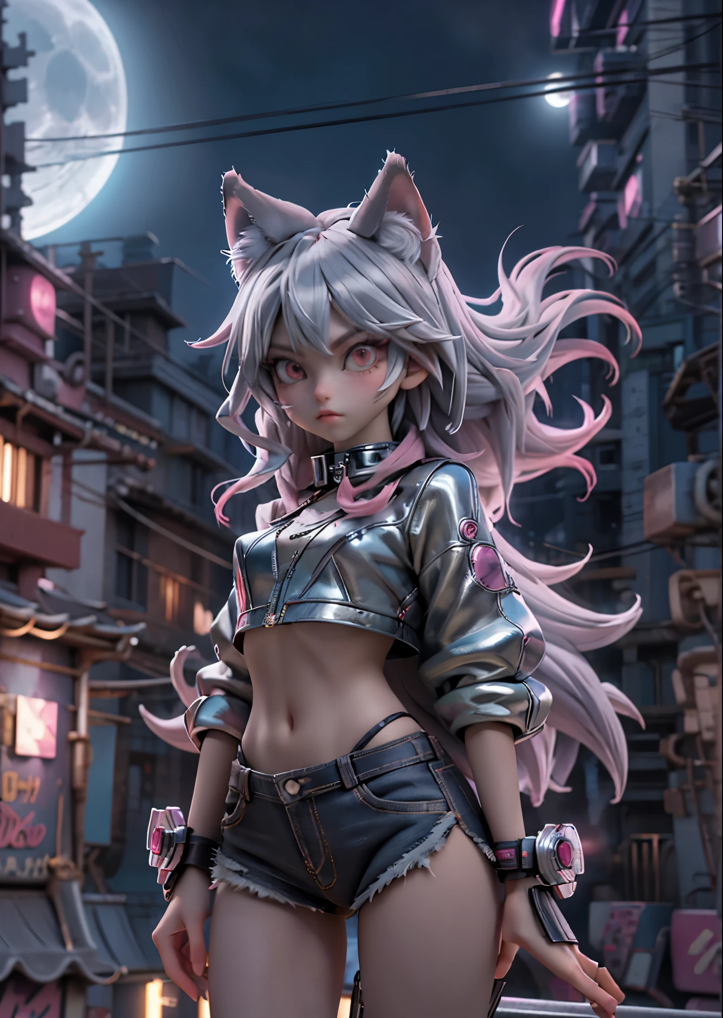 Wolf Girl、Silver long hair、Pink Cyberpunk Fashion、Gaze Here、Stand on the roof of a building、The cityscape below、Moonlit Night、moonlight、Perfect lighting、Sharp Focus、High definition、high resolution、High color rendering、High resolution、Ultra-realistic、photo realistic 