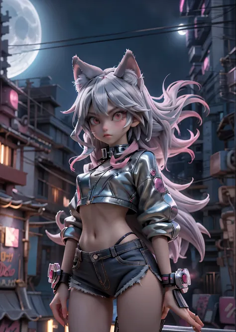 Wolf Girl、Silver long hair、Pink Cyberpunk Fashion、Gaze Here、Stand on the roof of a building、The cityscape below、Moonlit Night、mo...