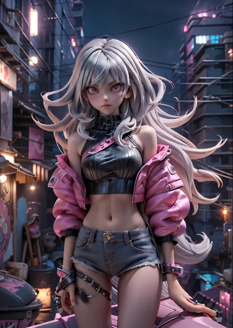 Wolf Girl、Silver long hair、Pink Cyberpunk Fashion、Gaze Here、Stand on the roof of a building、The cityscape below、Moonlit Night、mo...