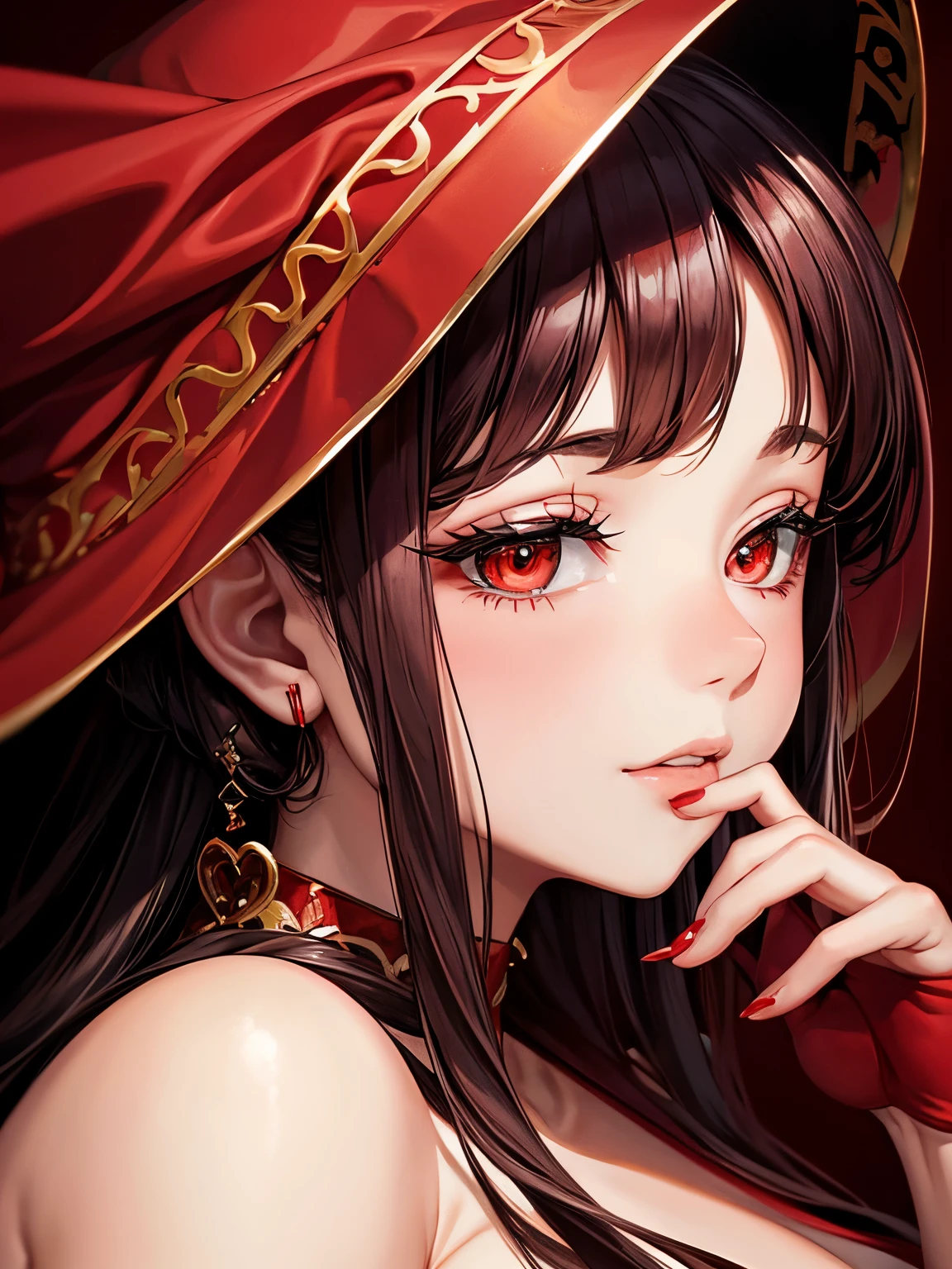 An elegant chubby woman, wearing a red veil covering her eyes, places her fingers on her lips, symbolizing silence. Her nails were long and painted bright red. The background is solid black 