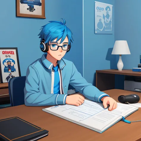 A male teenager in teenage style outfit with simple glasses with blue hair and blue eyes with a simple bedroom background with g...