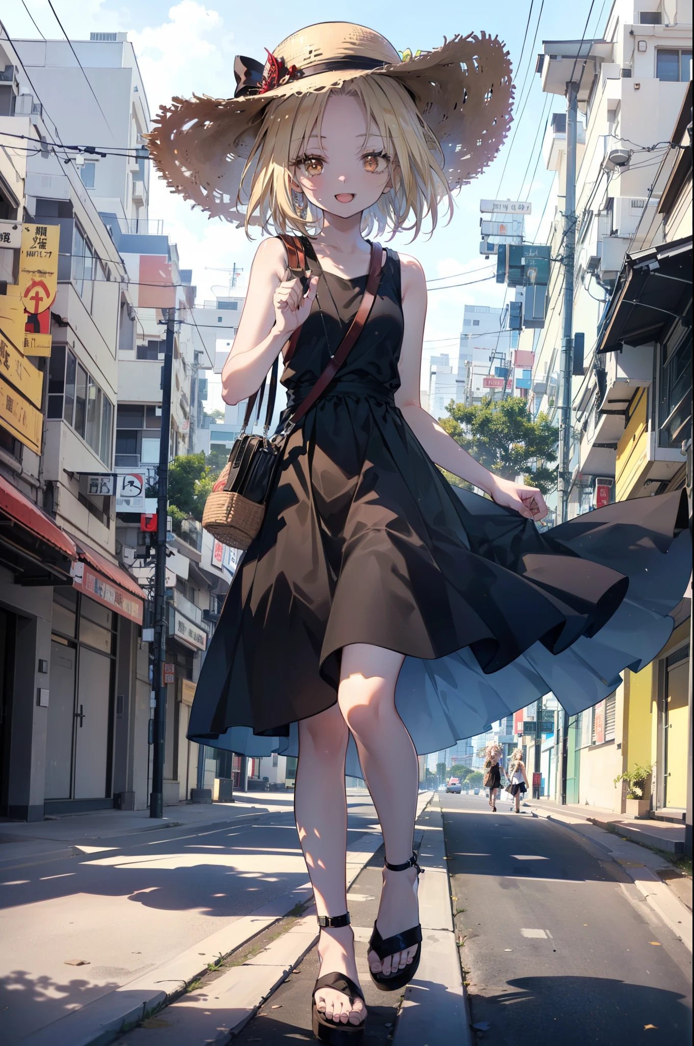 (annakyouyama, anna kyouyama, Blonde Hair, short hair, (Brown eyes:1.7),happy smile, smile, Open your mouth,Big straw hat,Black sleeveless dress,Long skirt,Cute Sandals,Daytime,Clear skies,Walking,
壊す looking at viewer, whole body,
Destroy outdoors, Building district,Destroy the coastal road (masterpiece:1.2), highest quality, High resolution, unity 8k wallpaper, (shape:0.8), (Fine and beautiful eyes:1.6), Highly detailed face, Perfect lighting, Highly detailed CG, (Perfect hands, Perfect Anatomy),