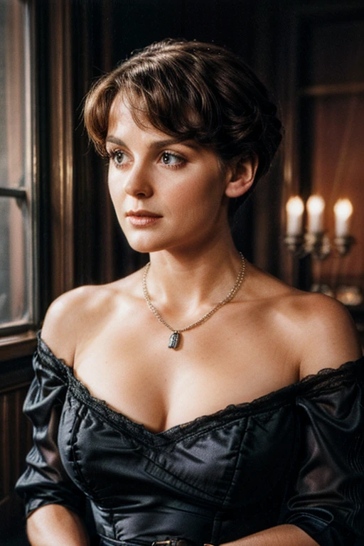 hyperrealistic photo of an attractive woman, looking at viewer, circa 1880s, industrial revolution era, dark room, (noreen corcoran), short hair, old vintage movie scene, grainy film, vintage hollywood film, jewelry, necklace, off-shoulder black dress, huge cleavage, dim lighting, film grain, movie still, movie screenshot