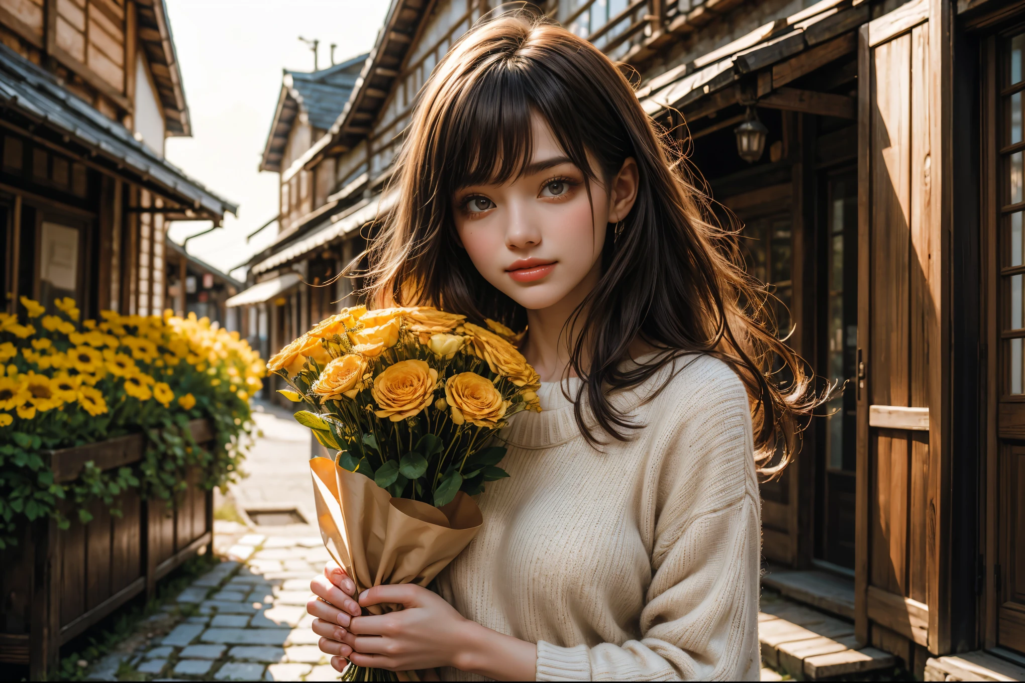 High resolution, high quality, super detailed. A woman is holding a bouquet of flowers. She is young and lively, with medium light brown hair and a very distinctive smile. The background is a gentle hill, a paradise like a bouquet, and above it is a rainbow in the clear sky with sunlight. Everything you see is mesmerizing and very soothing. A rare photo, the perspective of her and the scene is perfect, a perfection that even a professional photographer could only capture once in a lifetime.