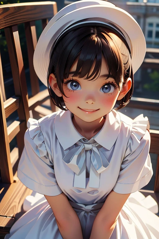 ((highest quality)), ((masterpiece)), (detailed), Perfect Face, younger sister, 10 years old, Big eyes, Smile, short hair, She is wearing a short white dress and a hat, whole body, at school