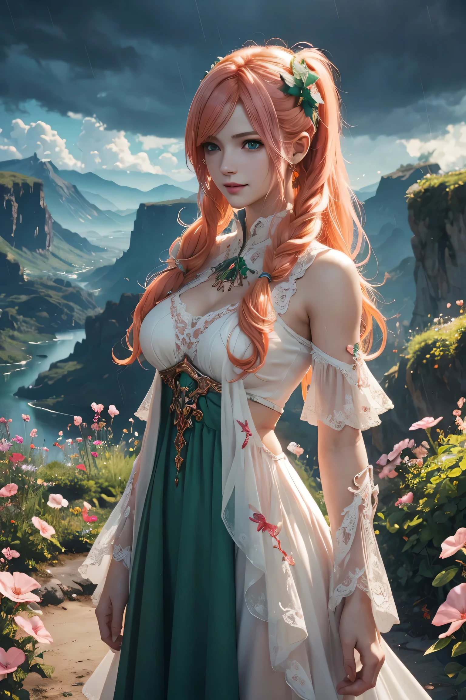 vanilla,Final Fantasy 13,FF13,Orange Hair,Twin tails,Lightly permed hair,Beautiful emerald green eyes,White skin,Red frilled dress,super high quality,super high quality,masterpiece,Digital SLR,Realistic,Further details,Vivid details,Depicted in detail,Detailed face,Further details,Super detailed,Realistic skin texture,Based on anatomical grounds,Perfect Anatomy,Anatomically correct hand,Anatomically correct fingers,Complex 3D rendering,Huge ,Sexy pose,Beautiful morning glory(flower),Rainy Sky,Beautiful scenery,Fantastic rainy sky,Picturesque,Pink Lips,smile,Fantastic butterflies々,