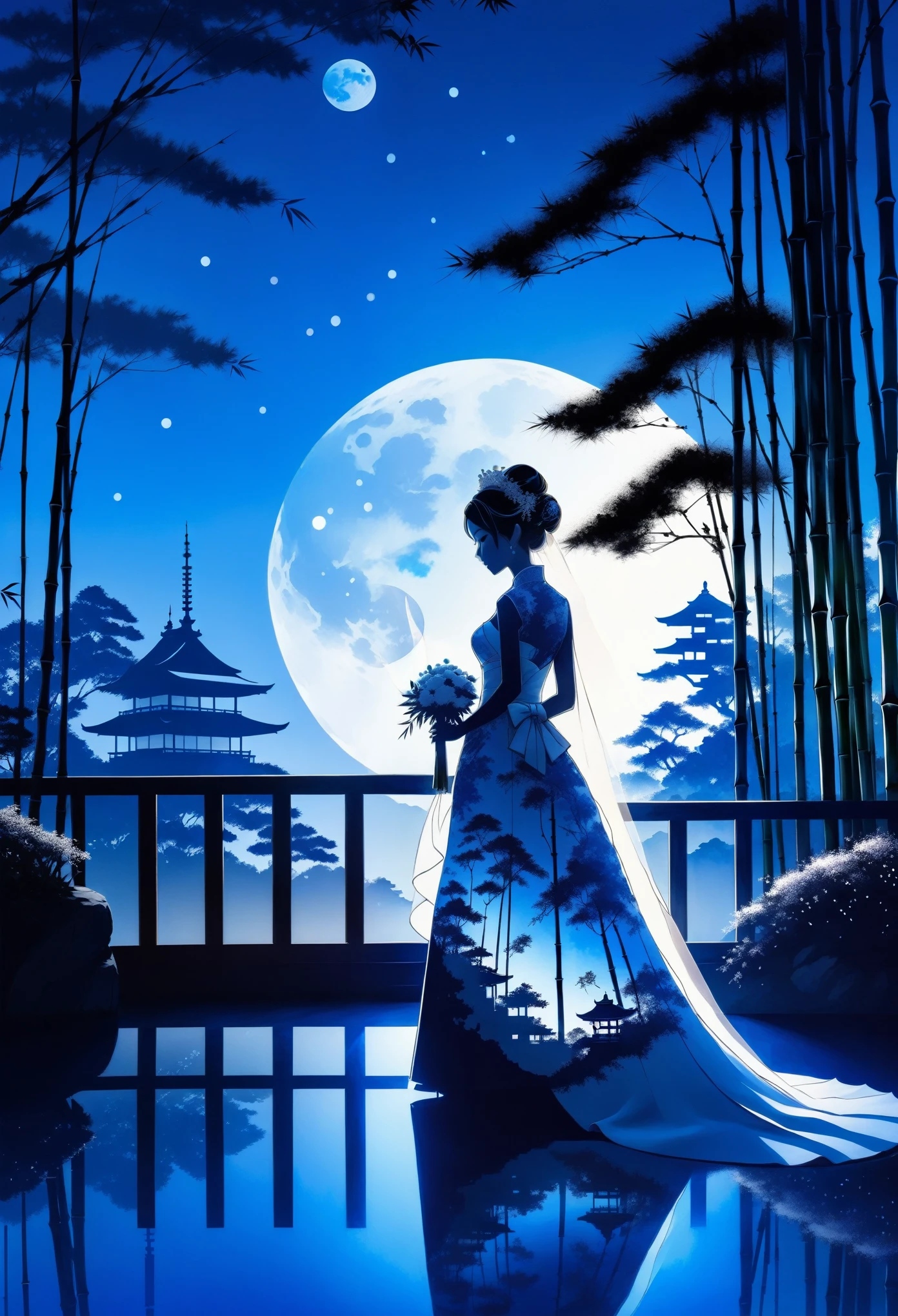 ((silhouette art)), 1Bride attire, (Double Exposure:1.3), A restaurant wedding overlooking a Japanese garden with a bamboo forest, blue Moon, (Close-up), improve, complex, (best quality, masterpiece, representative work, official art, professional, unified 8k wallpaper:1.3)