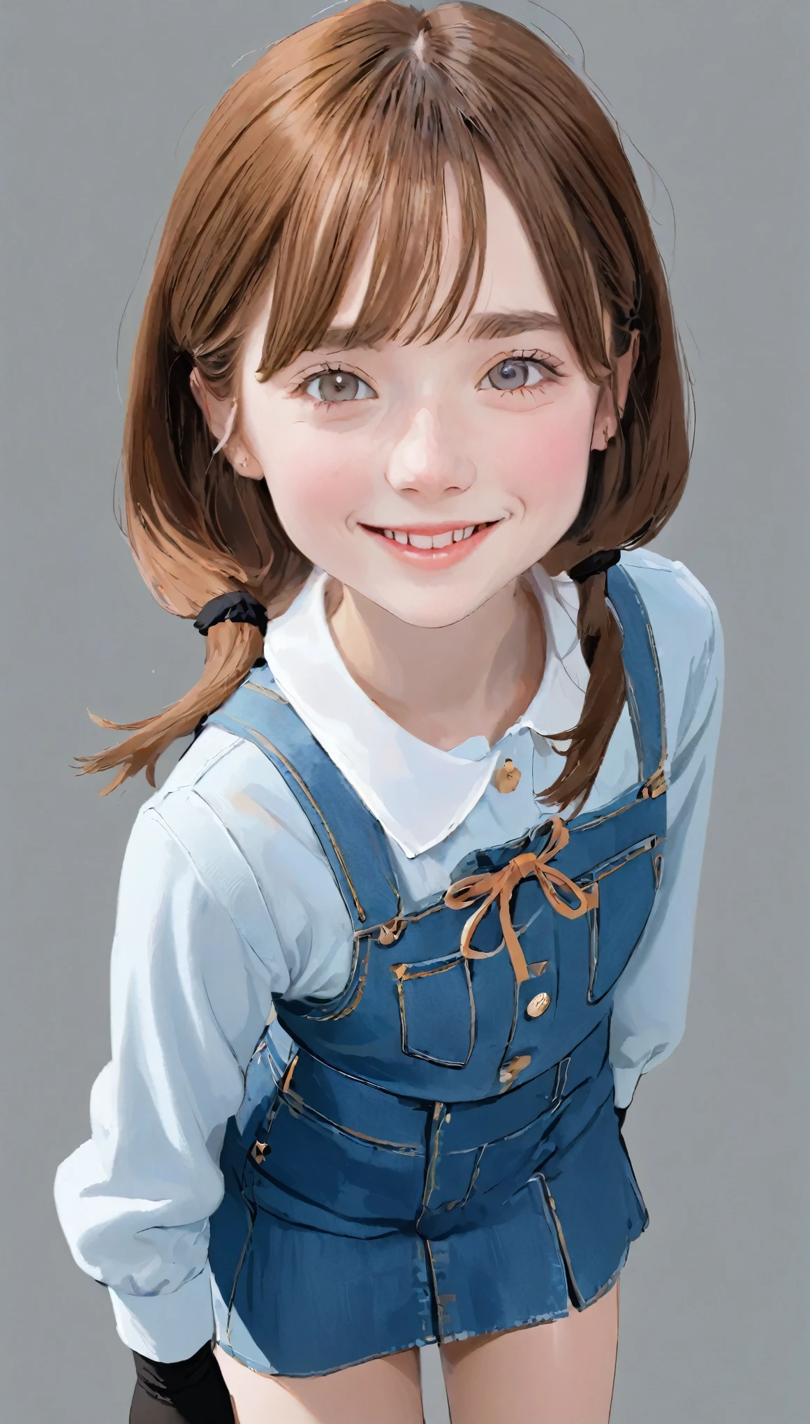 4K, masterpiece, 8k, high quality, 最high quality,10歳のcute少等生, Very white skin, Long brown hair，a bit，Low length，freckles，Thin eyebrows，Straight Bangs，(Flat Chest) ，feminine, freckles, Tilt, elegant, elegant, cute, smile, cute, Hilarious, belly button, Denim Low Rise Mini Skirt, ((Black knee socks)), (Ugly clothes)、((Gray background))