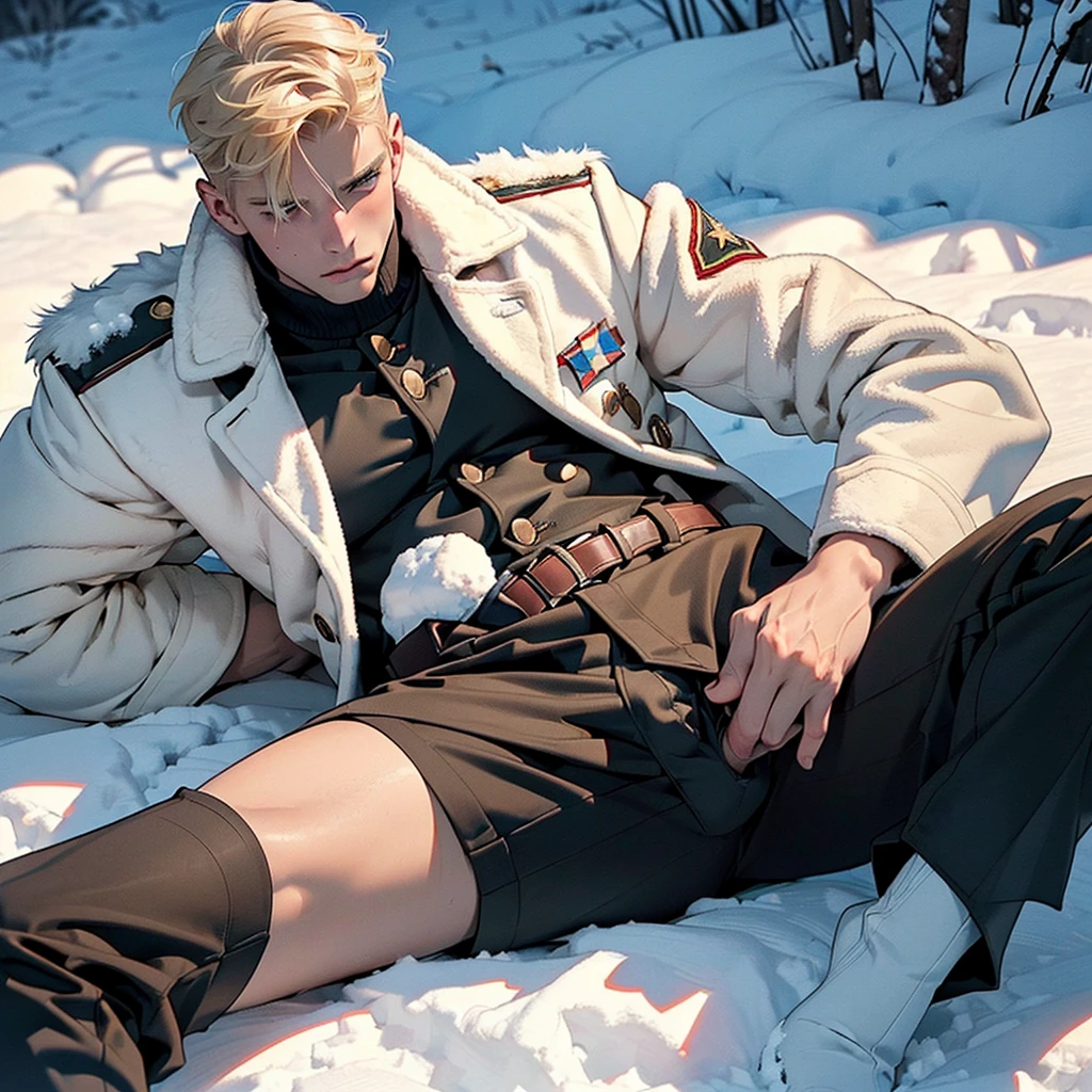 (((A young adult very manly blond russian male soldier laying in a snow wearing russian winter soldier coat uniform and taking slow breaths and 신음 as he touches his cock through his pants))), NSFW, 발기, ((남성 자위)), 관능적인, ((눈이 내리는 환경에서)), 신음, ((천천히 숨을 쉬면서 자위를 한다.)), ((매우 에로틱한 각도)), ((모든 팔다리가 해부학적으로 잘 그려진 포즈)), ((그 사람 정말 에로틱해 보여요)), ((누울 때 다리를 벌린다.)),