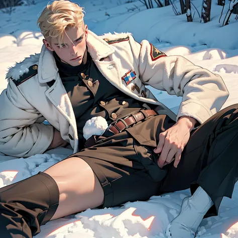 (((A young adult very manly blond russian male soldier laying in a snow wearing russian winter soldier coat uniform and taking s...