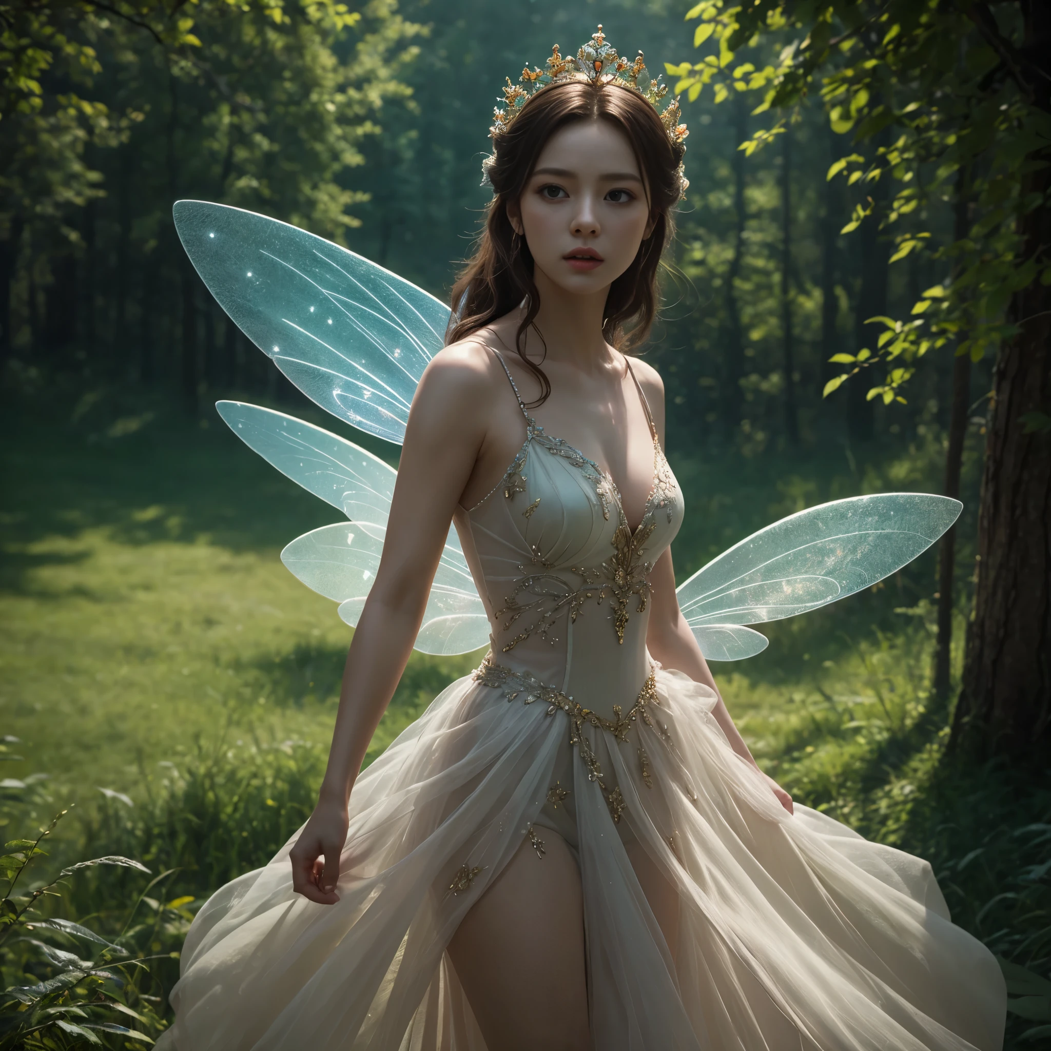 high quality、8k、Realistic、masterpiece、Very detailed、Cinema Lighting、dramatic、ether、elegant、Titania, Graceful fairy queen、I&#39;m very proud、Amazingly beautiful、Butterfly Wings、Ideal ratio、Intricate details、Fantasy、Mysterious、loose fitting dress、Ornate headdress、Shining Aura、Calm expression、Bright colors、Chiaroscuro lighting、(Lush leaf background:1.6)