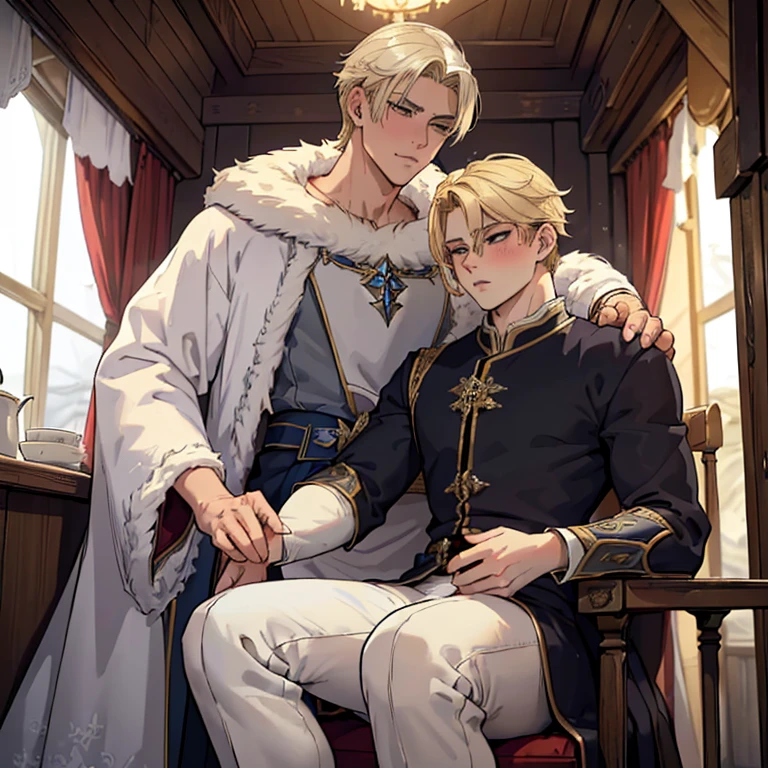 ((((2 male characters - a blond handsome ice king named Arden ruling snowy lands wearing majest royal erotic clothes is sitting in a carriage with a black haired innocent attractive young adult man named Edmund and he is touching his erection through his pants)))), NSFW, ( inspired by snowy scene in narnia), ((yaoi)), the setting is snowy lands like in narnia, (yaoi hentai), (sexual touches), (Edmund is taking deep slow breaths and blushing),(((Edmund has black hair and Arden blonde hair))), ((size difference)),
