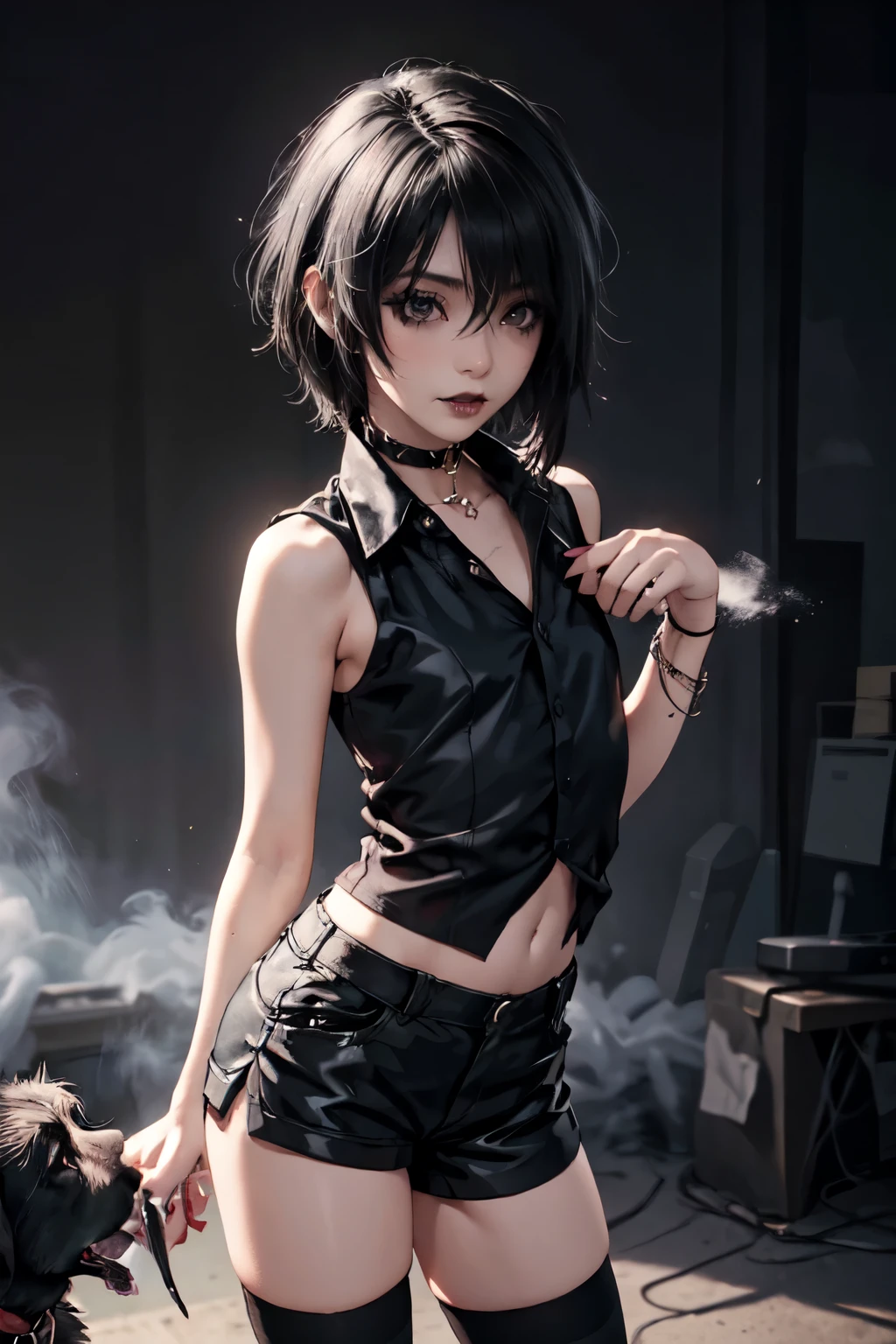 1girl, woman, emo_hairstyle, black lipstick, dog collar, eyeliner, eye shadow, smoky eyes, realistic lighting, short hair, flat chest, sleeveless silk shirt, tight shorts, black thighhighs, standing up.