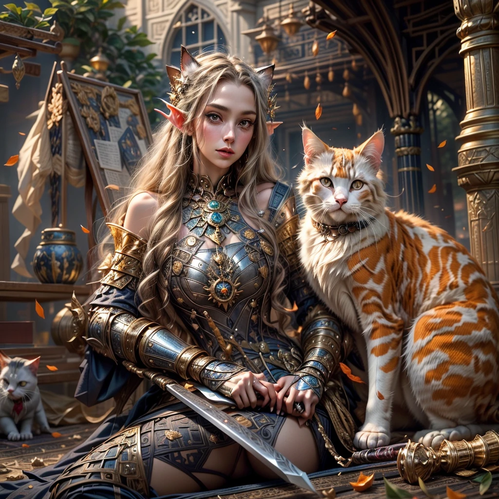 (one person with a cat) (hyperrealistic) (masterpiece) (4k) one adult female elf with dark blonde hair, forehead, wearing medieval clothes and silver armor playing with a big orange-white cat with orange-green eyes, medieval nature background, sword, books, medieval place, nature, elf with her pet, one elf and one cat