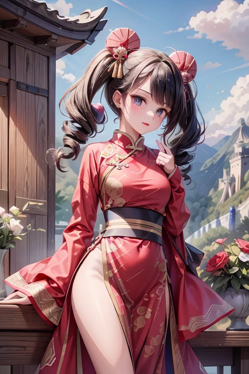 masterpiece, highest quality, High resolution, 15-year-old girl、black eye、
Black Hair、Drill Hair、Twin Drill、Red Chinese clothing、In front of the Great Wall
