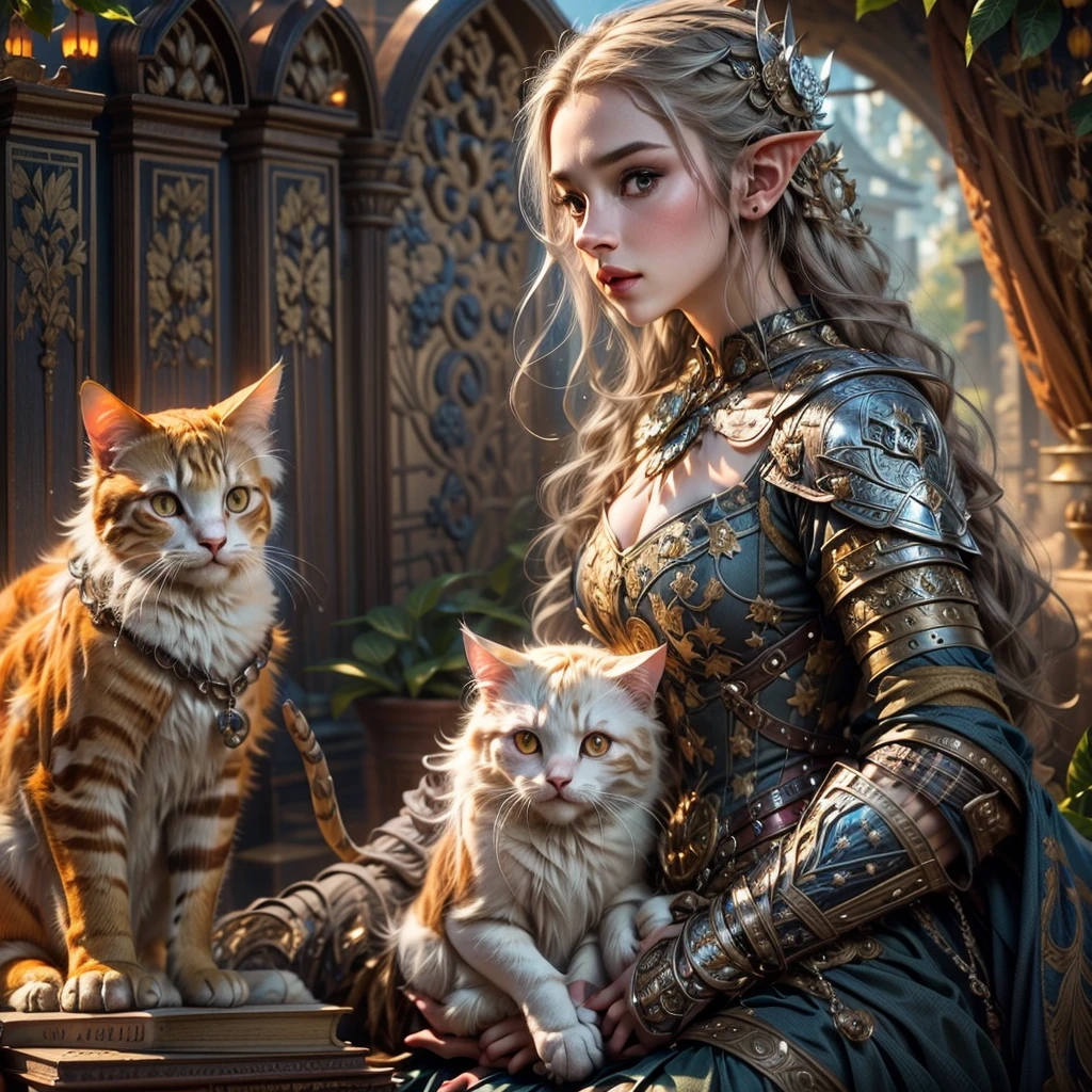 (猫を飼っている人) (超現実的な) (傑作) (4k) ダークブロンドの髪を持つ成人女性エルフ1人, 額, 中世の服と銀の鎧を着て、オレンジがかった緑の目をした大きなオレンジがかった白の猫と遊んでいる, medieval 自然 background, 剣, 本, 中世の場所, 自然, ペットを連れたエルフ, エルフ1匹と猫1匹