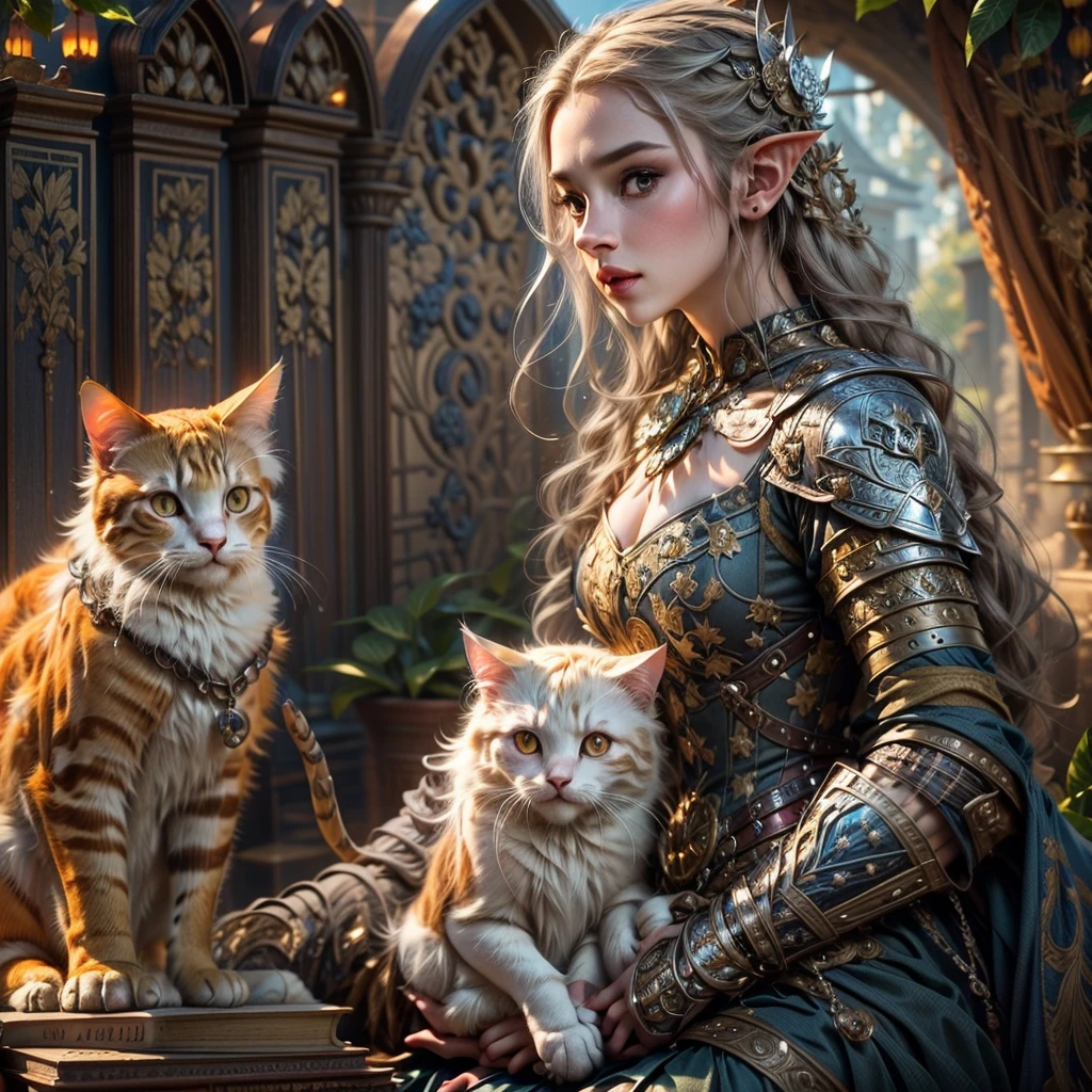 (one person with a cat) (hyperrealistic) (masterpiece) (4k) one adult female elf with dark blonde hair, forehead, wearing medieval clothes and silver armor playing with a big orange-white cat with orange-green eyes, medieval nature background, sword, books, medieval place, nature, elf with her pet, one elf and one cat