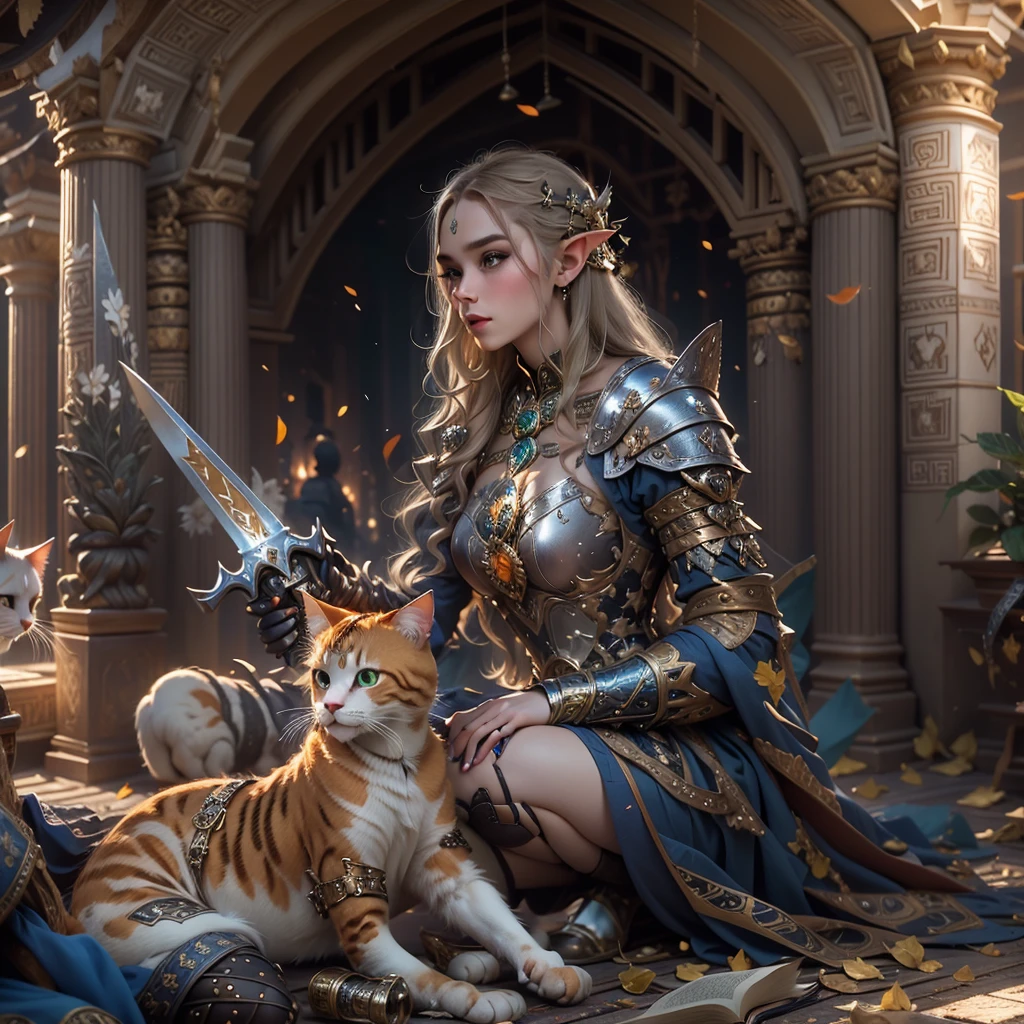 (one person with a cat) (hyperrealistic) (masterpiece) (4k) one adult female elf with dark blonde hair, forehead, wearing medieval clothes and silver armor playing with a big orange-white cat with orange-green eyes, medieval nature background, sword, books, medieval place, nature, elf with her pet, one elf and one cat, medieval ruin, green nature, green trees