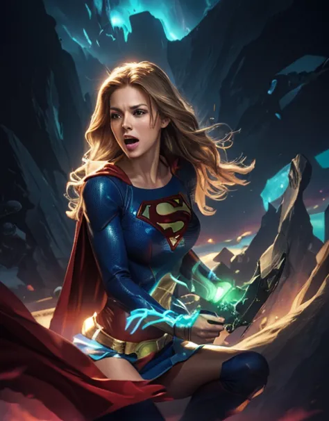 Supergirl in action pose, perfect costume, smooth curves, beautiful face, space and planets in background... green light krypton...