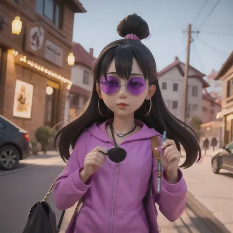 （（（1 girl）））araffe wearing a purple outfit and sunglasses with a purple choke, trending on cgstation, artwork in the style of gu...