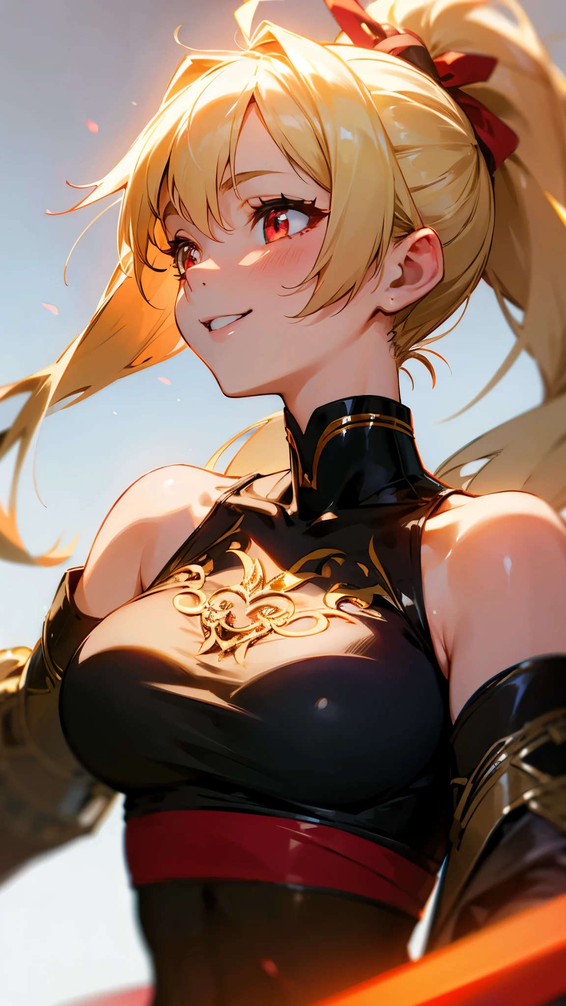 1 Girl、8k、Sharp focus、(Bokeh) (highest quality) (Detailed skin:1.3) (Intricate details) (anime)、blonde、Ponytail、Round red eyes、Exposing shoulders、Glowing Skin、Tube top bra、profile、Upper body close-up、smile、Laughing with your mouth open