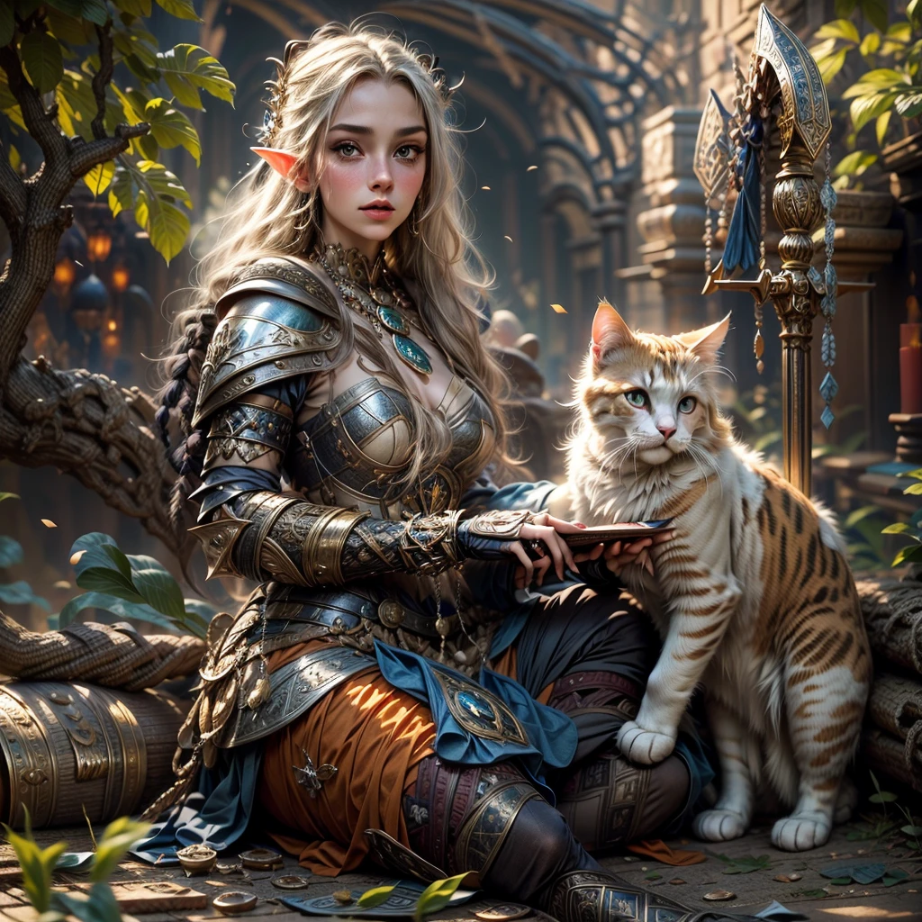 (one person with a cat) (hyperrealistic) (masterpiece) (4k) one adult female elf with dark blonde hair, forehead, wearing medieval clothes and silver armor playing with a big orange-white cat with orange-green eyes, medieval nature background, sword, books, medieval place, nature, elf with her pet, one elf and one cat, medieval ruin, green nature, green trees