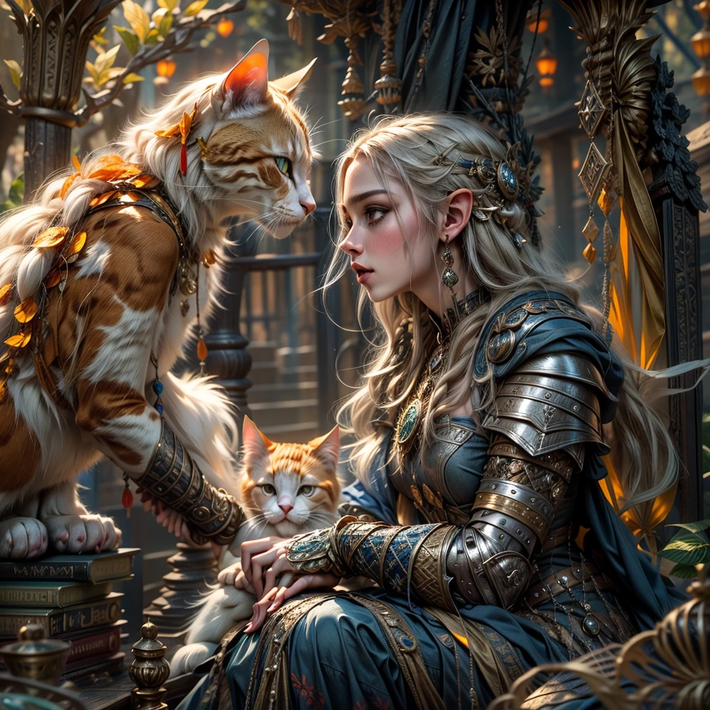 (one person with a cat) (hyperrealistic) (masterpiece) (4k) one adult female elf with dark blonde hair, forehead, wearing medieval clothes and silver armor playing with a big orange-white cat with orange-green eyes, medieval nature background, sword, books, medieval place, nature, elf with her pet, one elf and one cat, medieval ruin, green nature, green trees