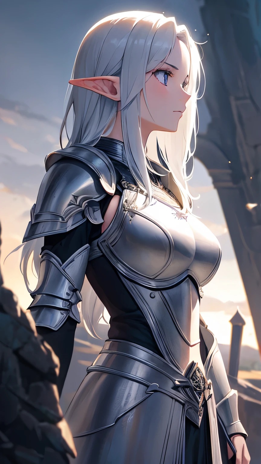 ((best quality)), ((masterpiece)), (detailed), perfect face, perfect detailed eyes, perfect detailed face, ultra-detailed nose, silver hair, messy hair, hair over eyes, medium hair, pale skin, forehead mark, pointy ears, cinematic lighting, chiaroscuro, elf, Female Knight, Elf Hero, (Wearing black armor, Hold a dagger in right hand), cowboy shot, from side