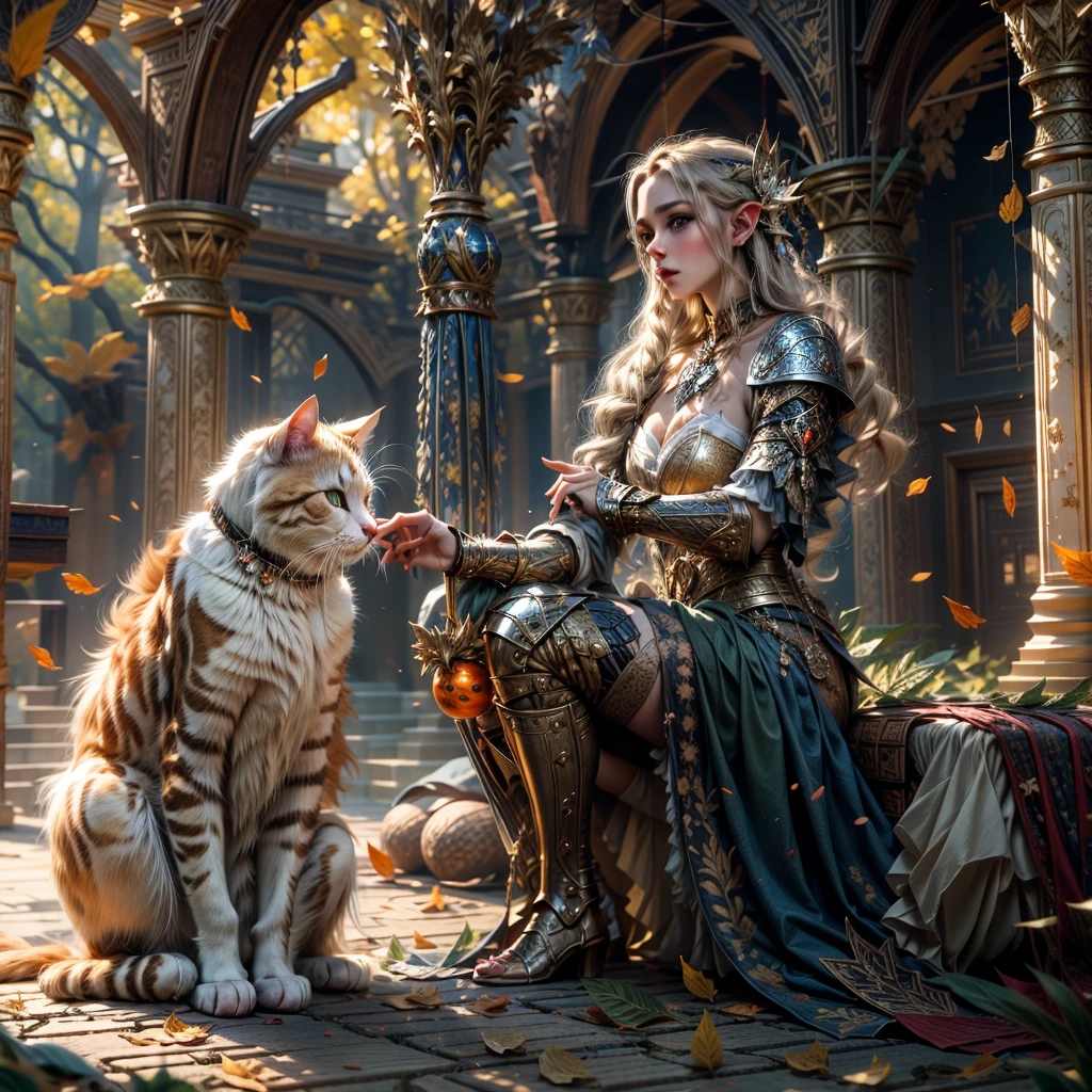 (one person with a cat) (hyperrealistic) (masterpiece) (4k) one adult female elf with dark blonde hair, forehead, wearing medieval clothes and silver armor playing with a big orange-white cat with orange-green eyes, medieval nature background, sword, books, medieval place, nature, elf with her pet, one elf and one cat, medieval ruin, green nature, green trees