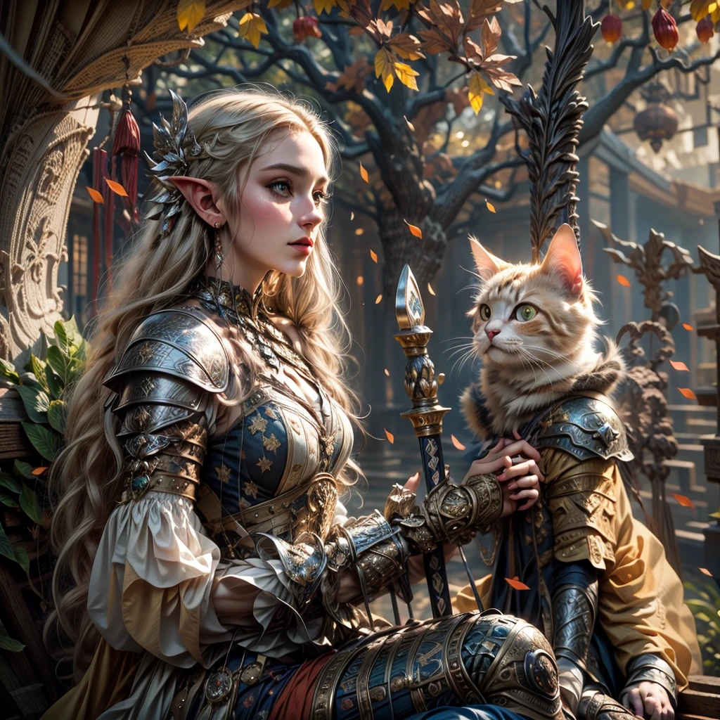 (猫を飼っている人) (超現実的な) (傑作) (4k) ダークブロンドの髪を持つ成人女性エルフ1人, 額, 中世の服と銀の鎧を着て、オレンジがかった緑の目をした大きなオレンジがかった白の猫と遊んでいる, medieval 自然 background, 剣, 本, 中世の場所, 自然, ペットを連れたエルフ, エルフ1匹と猫1匹, 中世の遺跡, green 自然, 緑の木々